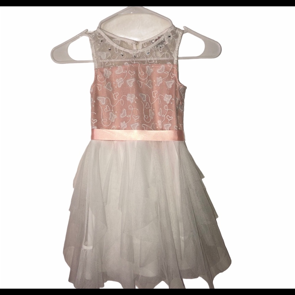 Girls Peach Lace Tulle Sleeveless Dress Tie Waist